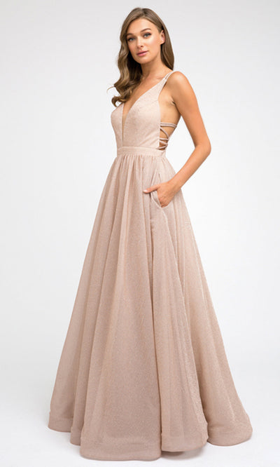Juliet Dresses 201 - Strappy Back Glitter Gown with Pockets Prom Dresses