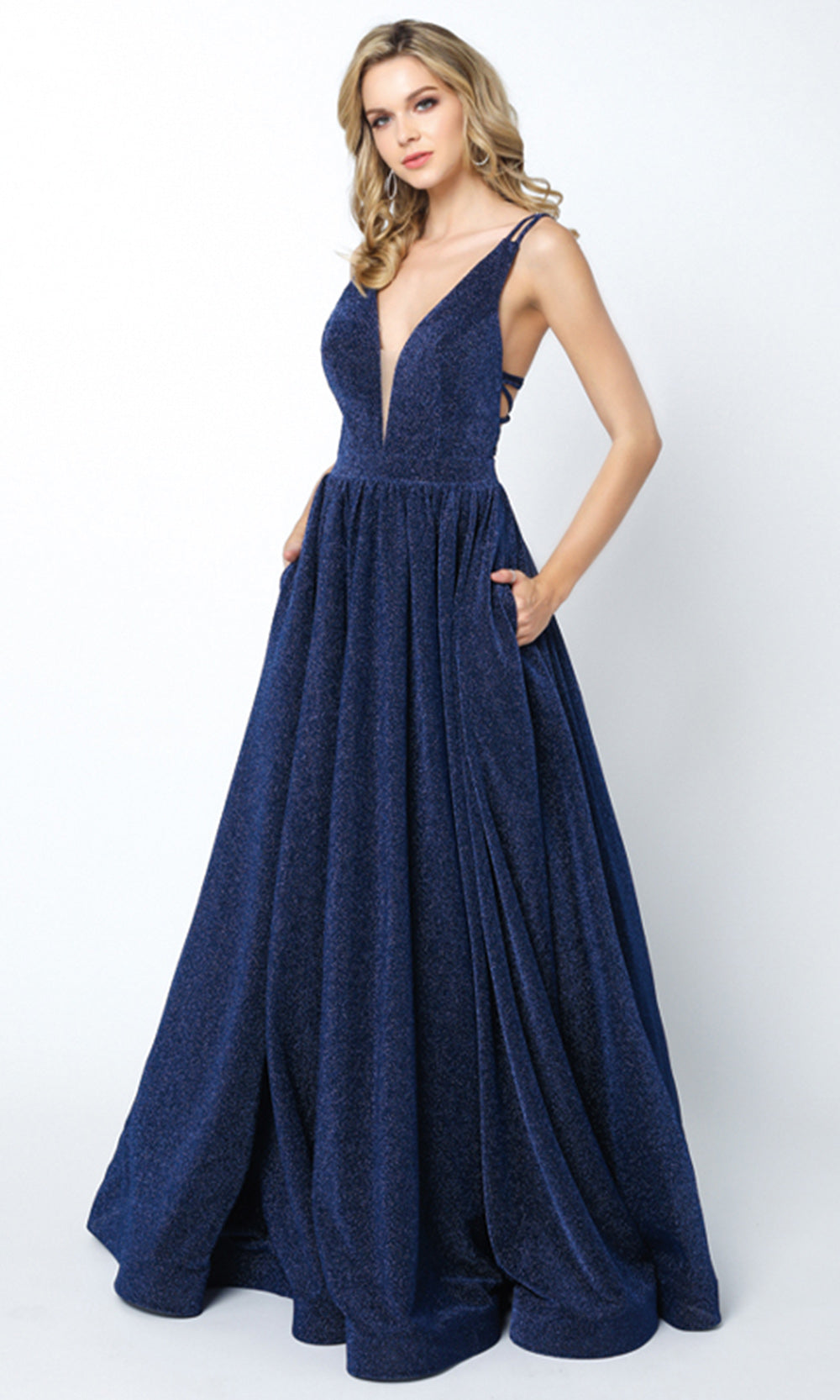 Juliet Dresses 201 - Strappy Back Glitter Gown with Pockets Prom Dresses