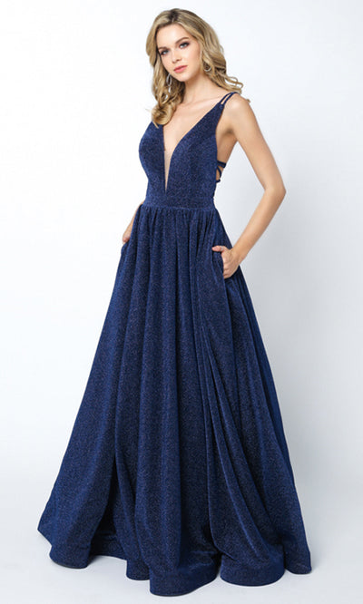 Juliet Dresses 201 - Strappy Back Glitter Gown with Pockets Prom Dresses