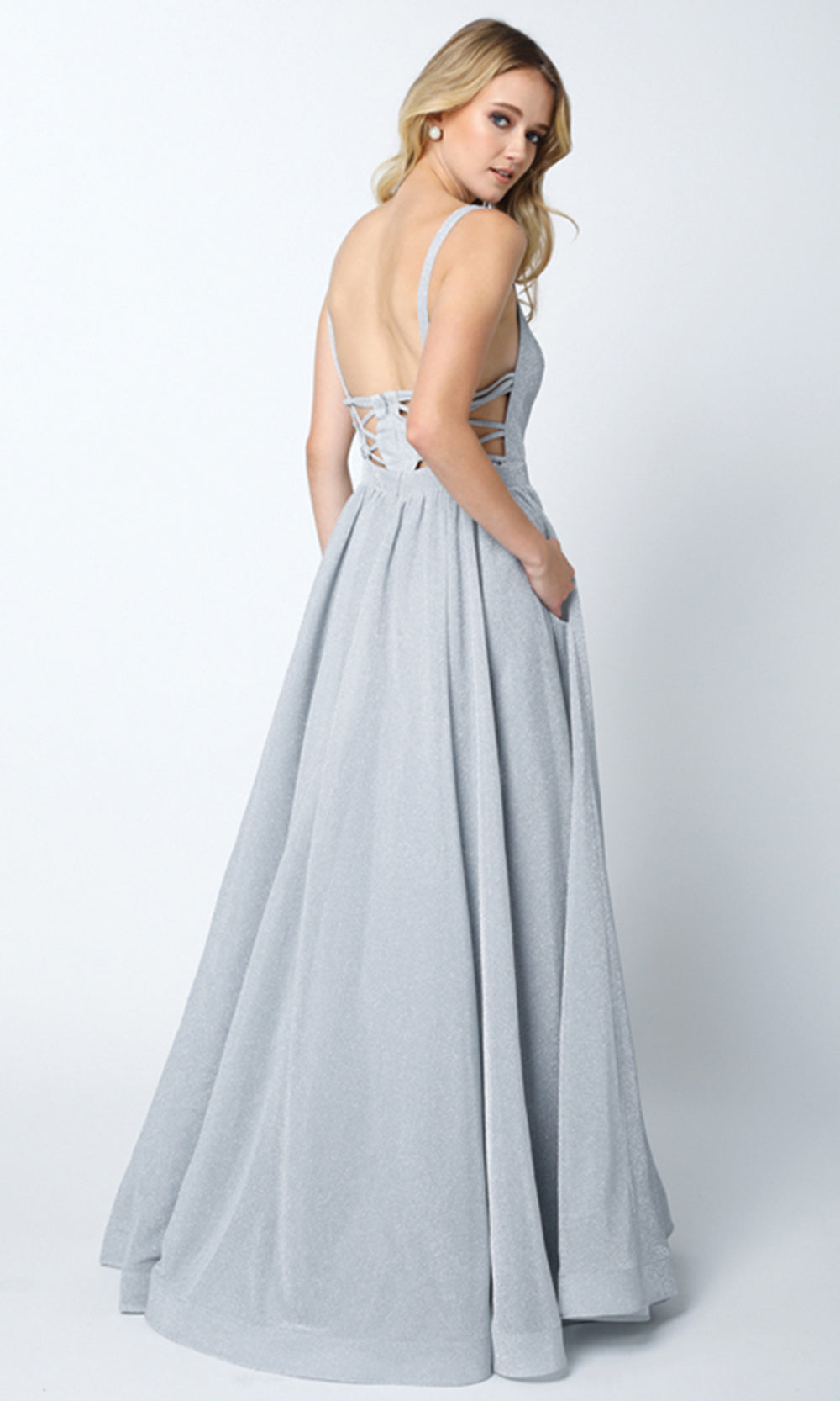 Juliet Dresses 201 - Strappy Back Glitter Gown with Pockets Prom Dresses