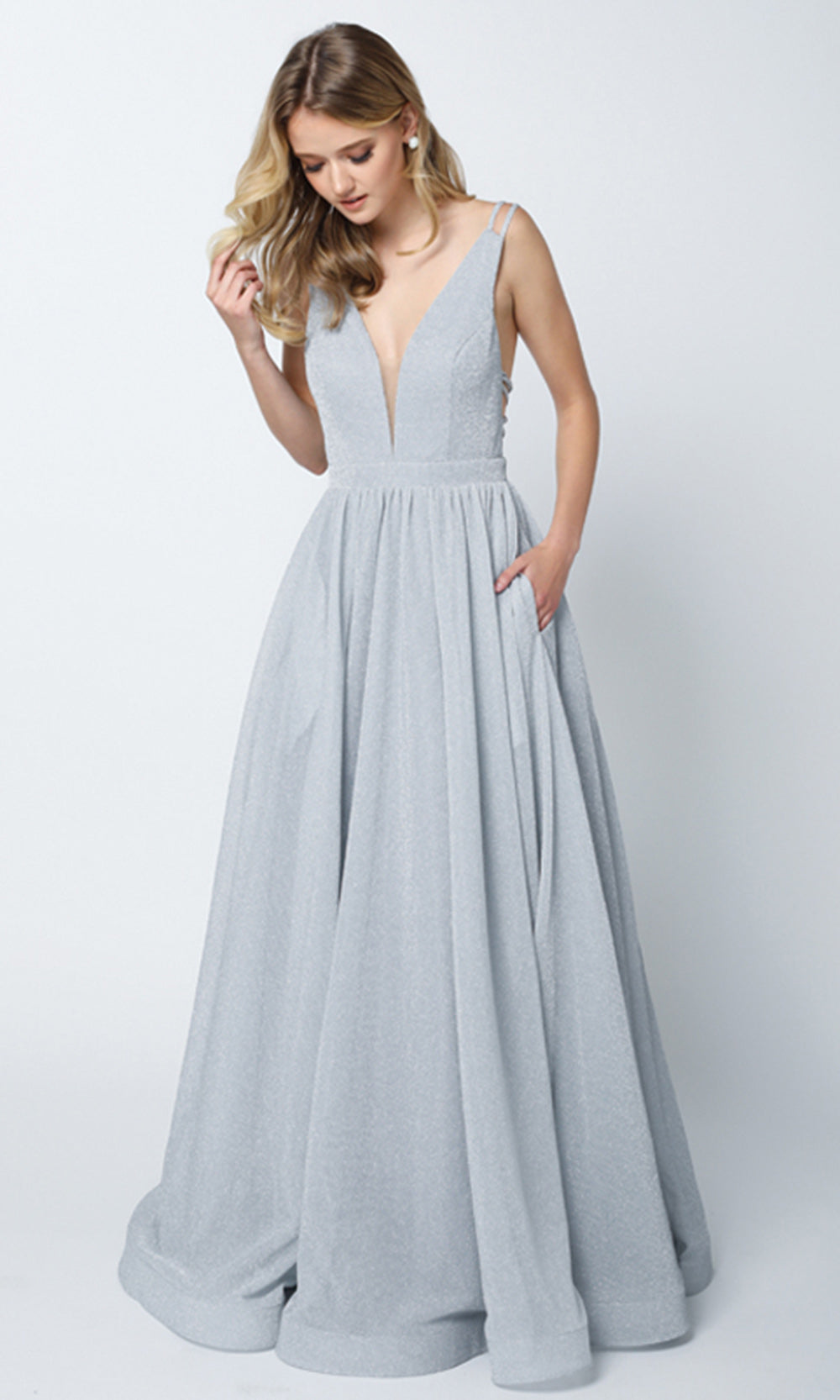 Juliet Dresses 201 - Strappy Back Glitter Gown with Pockets Prom Dresses