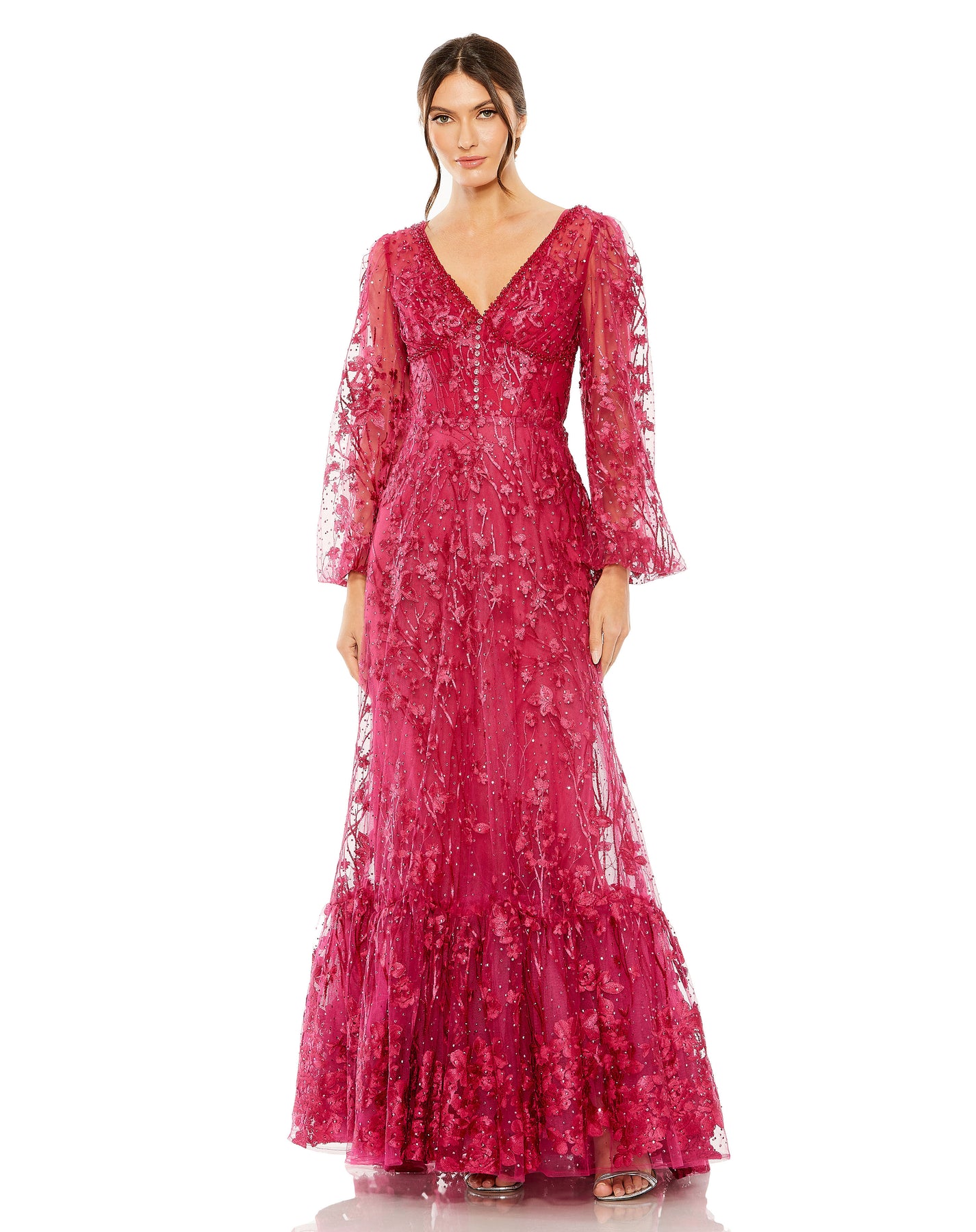 Mac Duggal 20430 - Puff Sleeve Beaded Lace Evening Gown