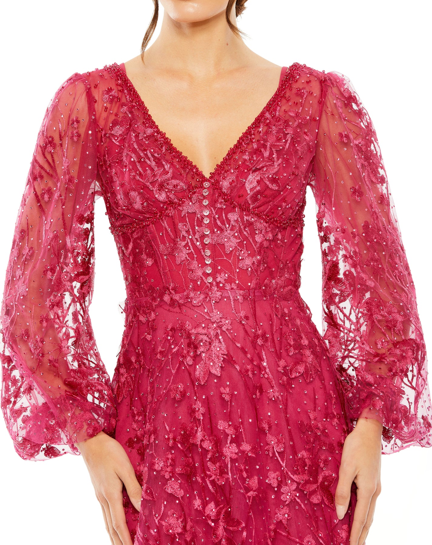 Mac Duggal 20430 - Puff Sleeve Beaded Lace Evening Gown