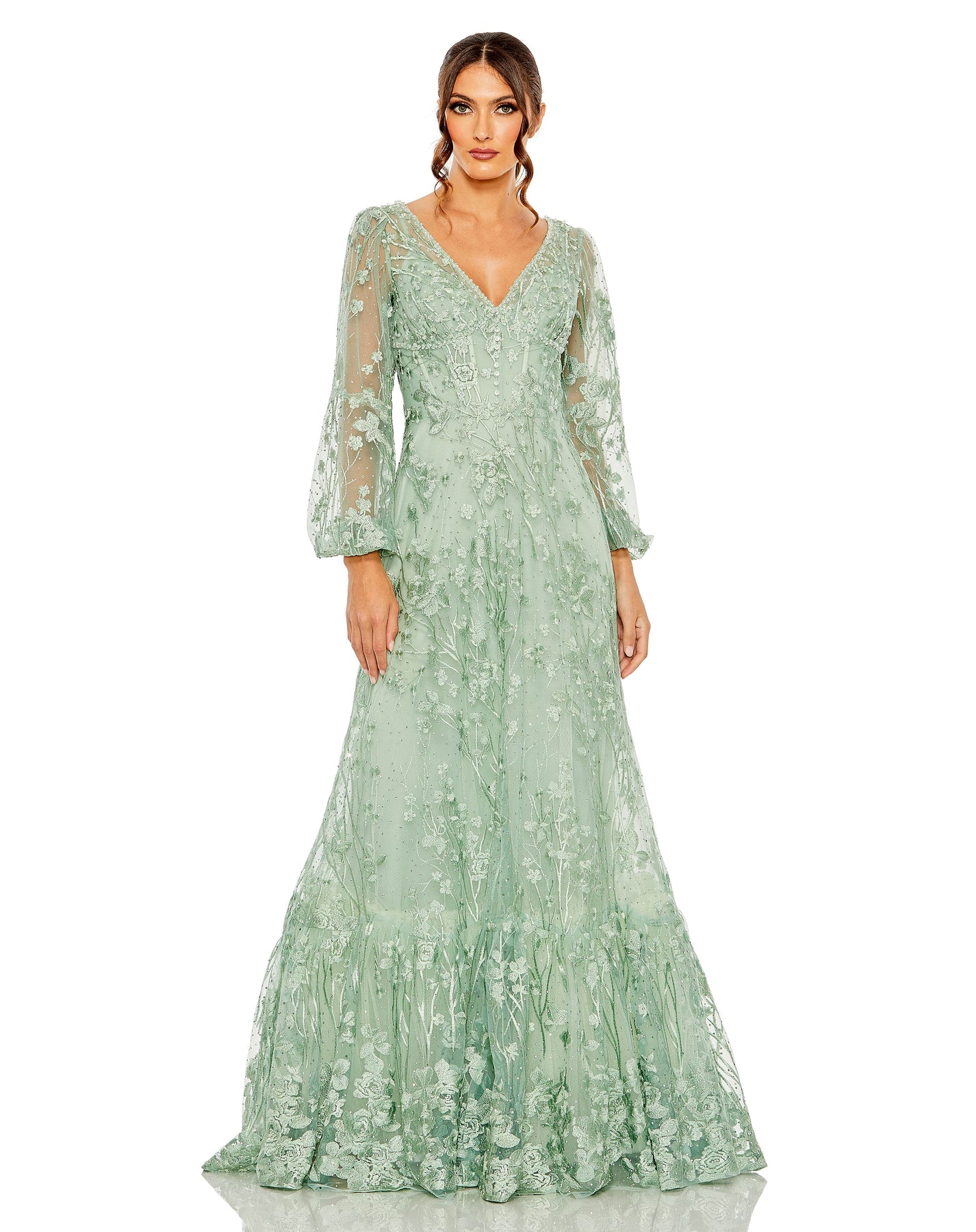 Mac Duggal 20430 - Puff Sleeve Beaded Lace Evening Gown
