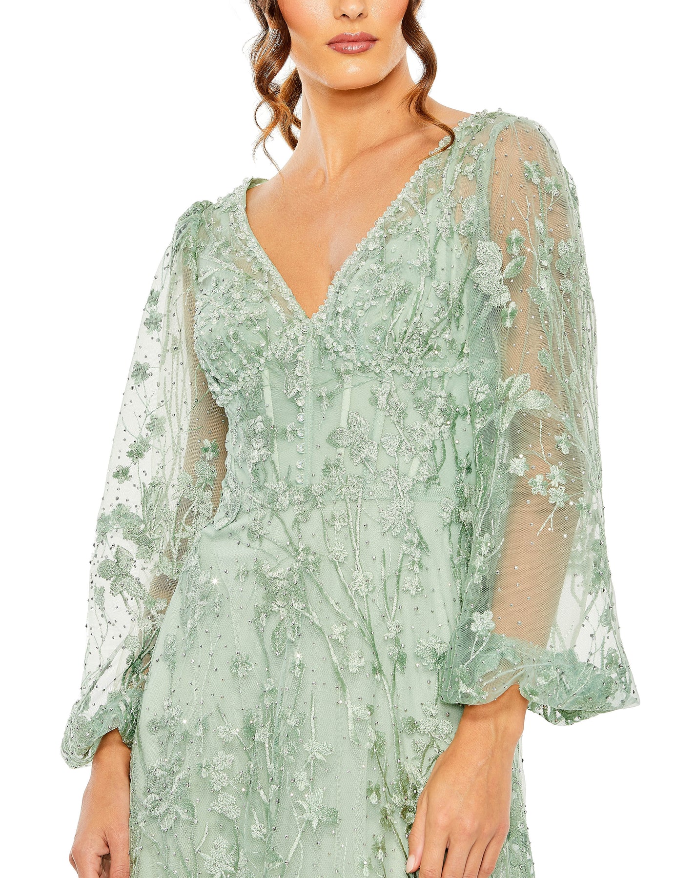 Mac Duggal 20430 - Puff Sleeve Beaded Lace Evening Gown