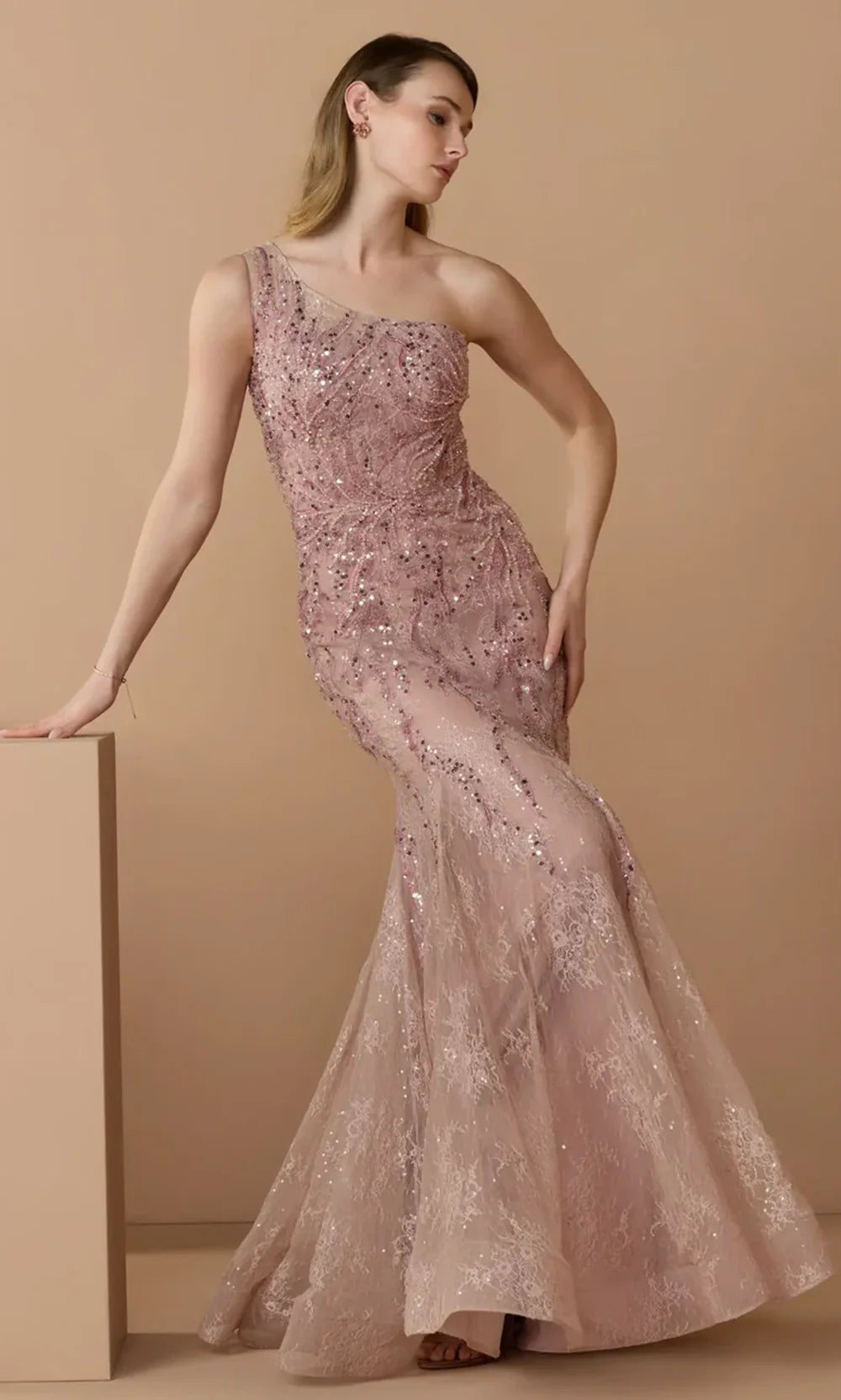 Mac Duggal 20482 - Mermaid Skirt Asymmetric Lace Gown Prom Dresses in Rose  