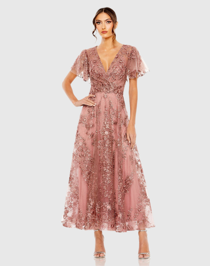 Mac Duggal 20486 - Embroidered Flutter Sleeve A-line Dress In Pink