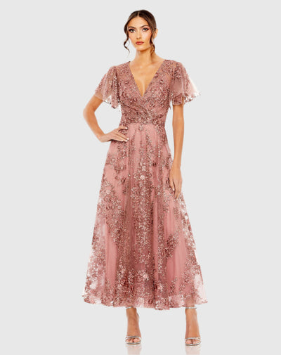 Mac Duggal 20486 - Embroidered Flutter Sleeve A-line Dress In Pink