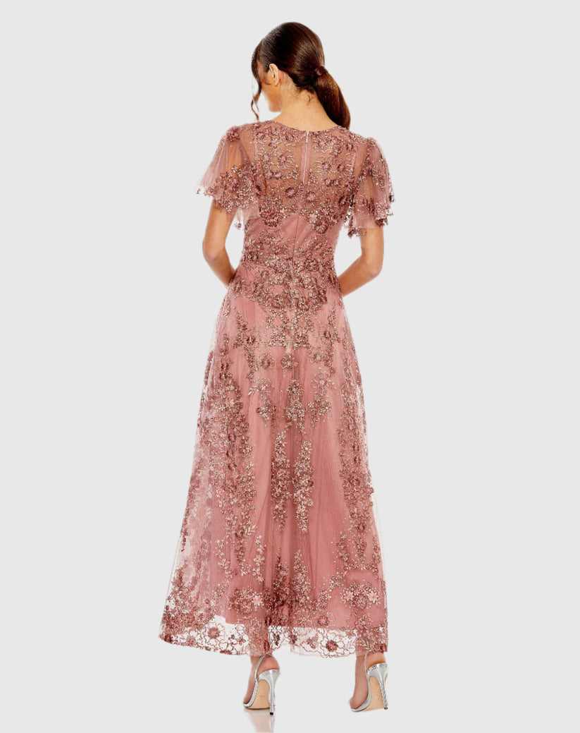 Mac Duggal 20486 - Embroidered Flutter Sleeve A-line Dress In Pink