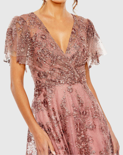 Mac Duggal 20486 - Embroidered Flutter Sleeve A-line Dress In Pink