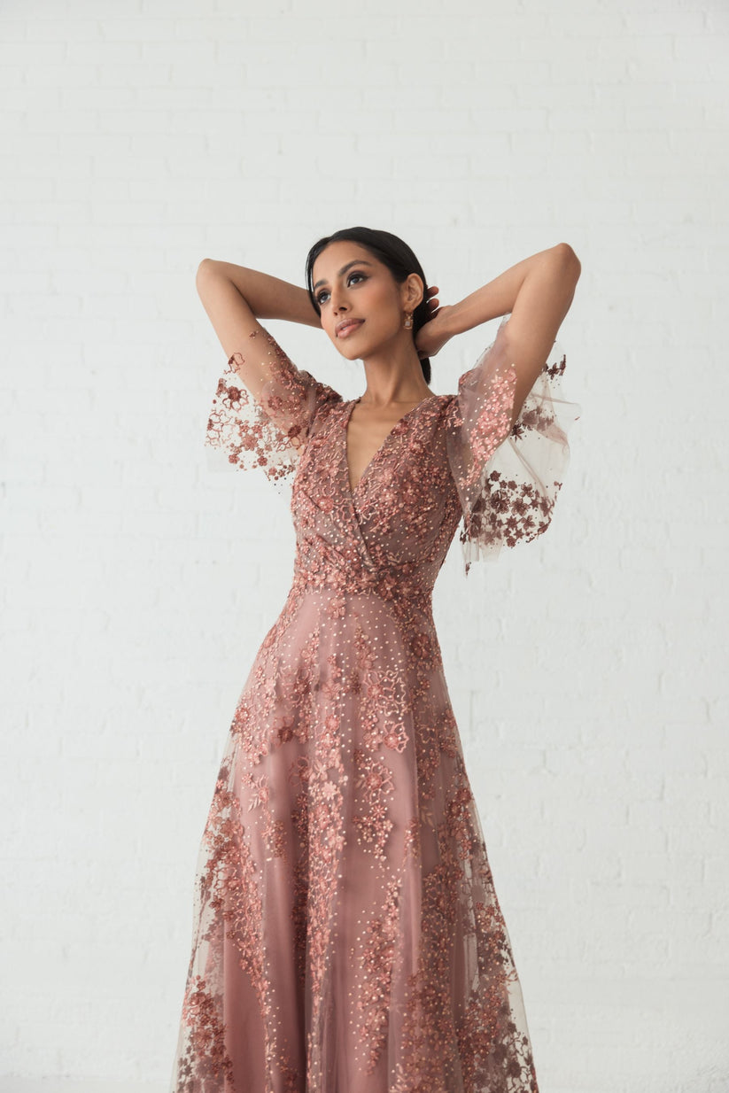 Mac Duggal - Pink Embroidered Flutter Sleeve A Line Dress - Mauve / US 14 Mac Duggal - Pink Embroidered Flutter Sleeve A Line Dress - Mauve / US 14