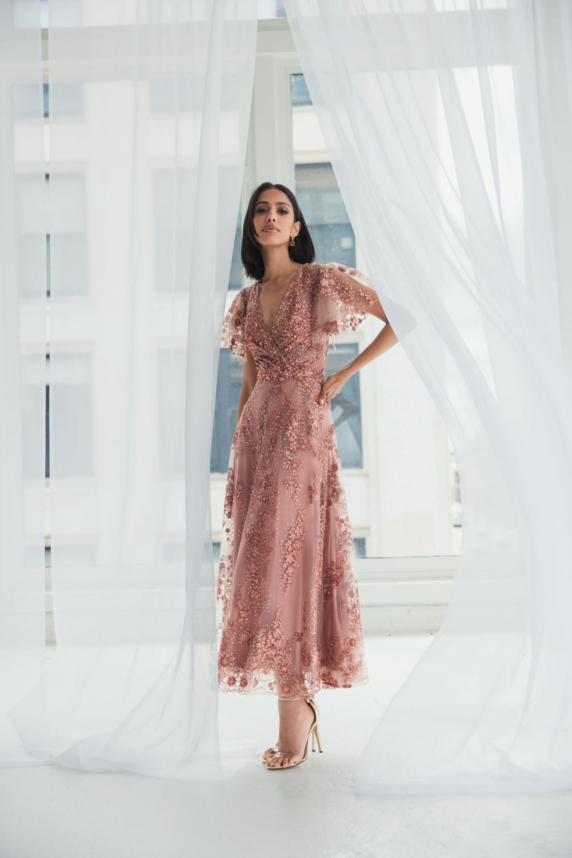 Mac Duggal 20486 - Embroidered Flutter Sleeve A-line Dress In Pink