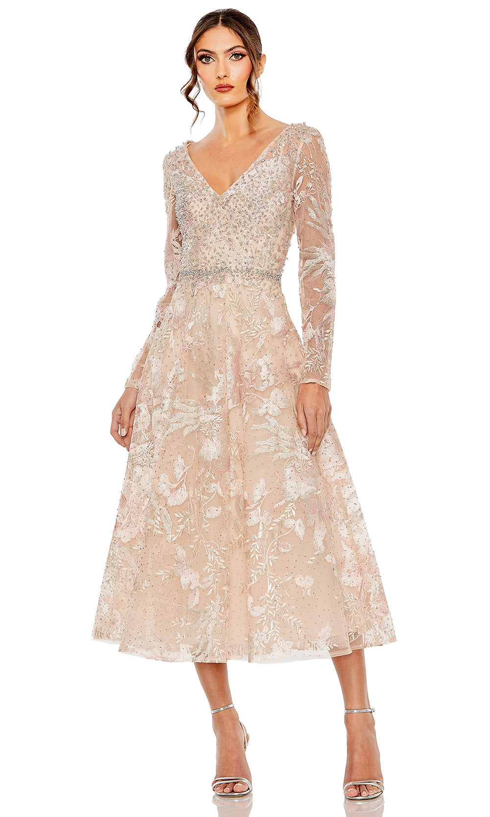 Mac Duggal 20489 - V-Neckline Beaded Lace Midi Dress Wedding Guest in Blush  