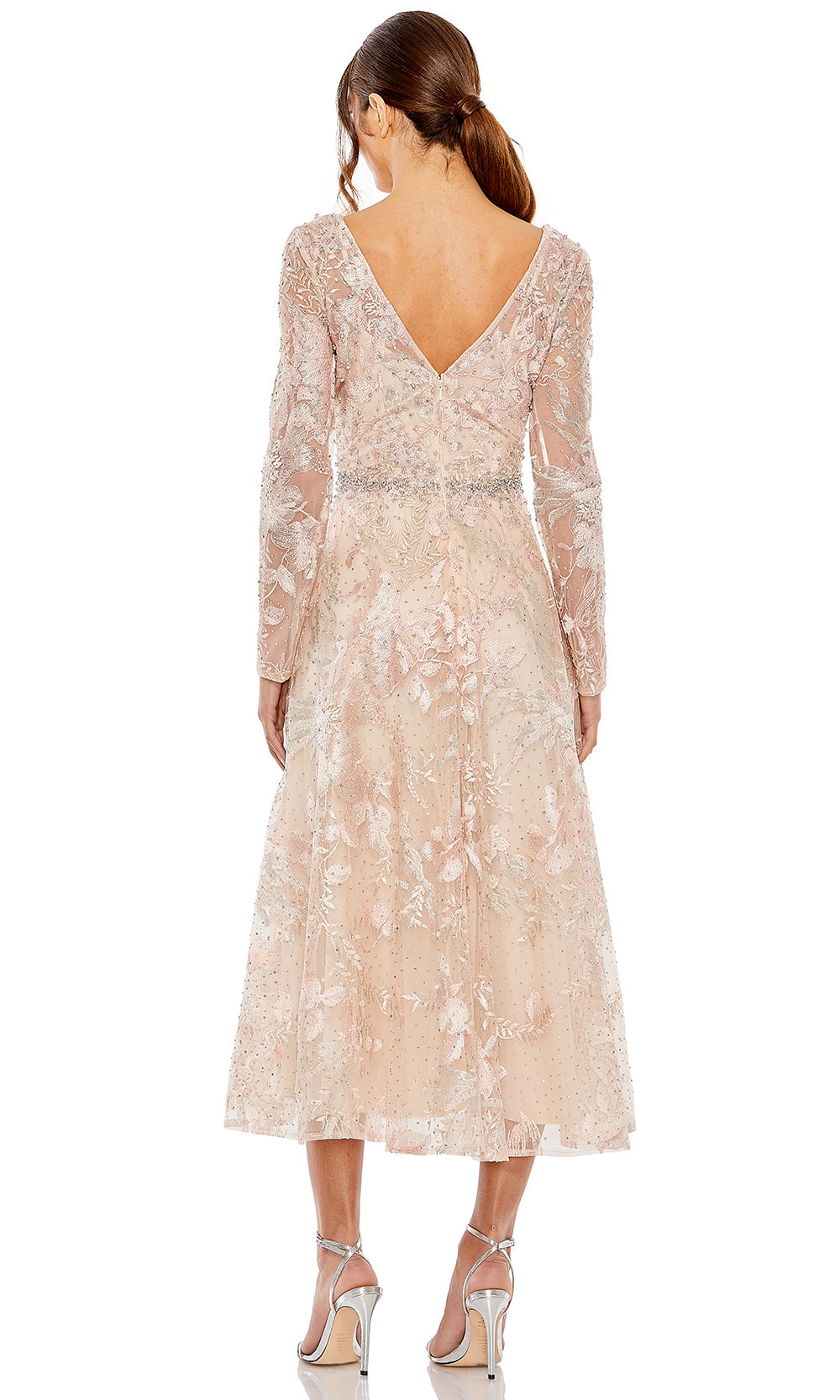 Mac Duggal 20489 - V-Neckline Beaded Lace Midi Dress Wedding Guest in Blush  