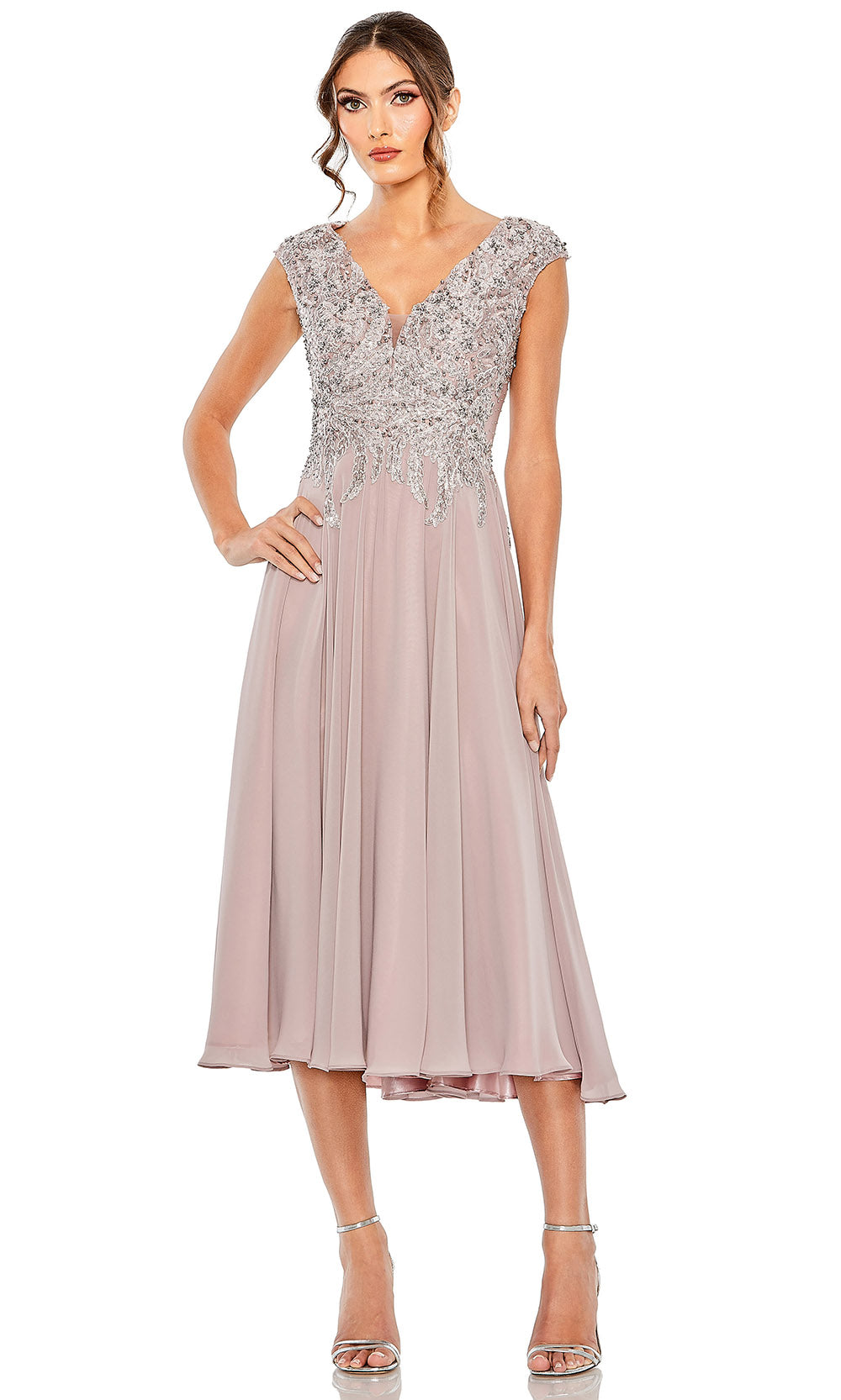 Mac Duggal 20492 - Embroidered Cap Sleeve Midi Dress Mother of the Bride Dresses in Vintage Lilac 