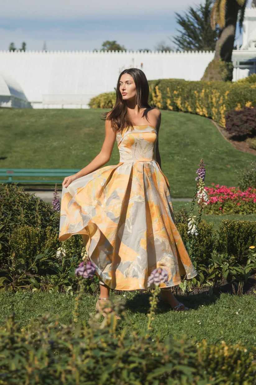 Mac Duggal 20724 - Straight Neckline Floral Print Brocade Dress Graduation Dresses in Orange and Multi