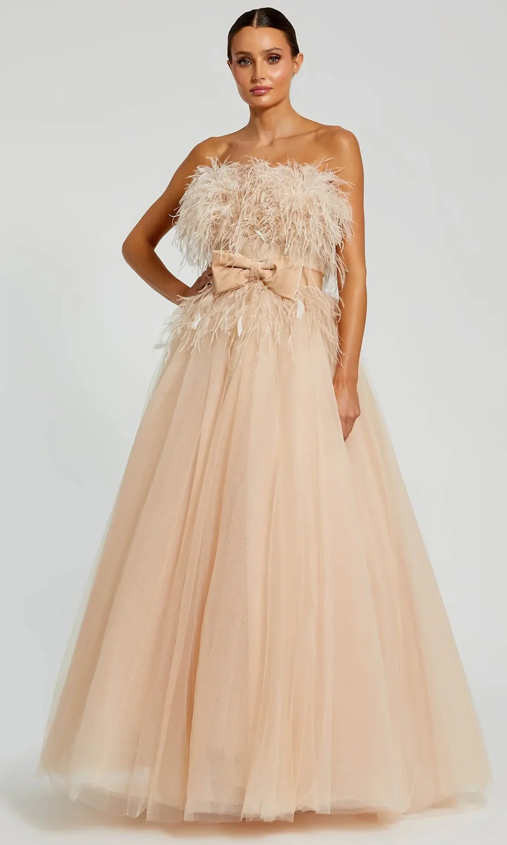 Mac Duggal 20774 - Bow Waist Strapless Gown with Feathers Ball Gowns in Neutral  