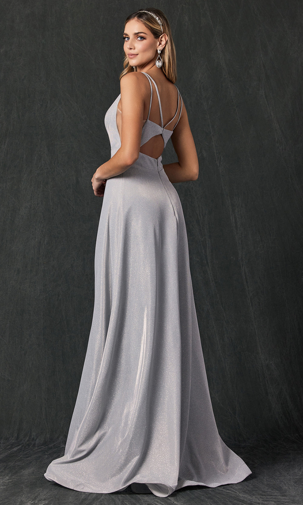 Juliet Dresses 208 - Glitter Crepe Plunging V-Neck Gown Formal Gowns