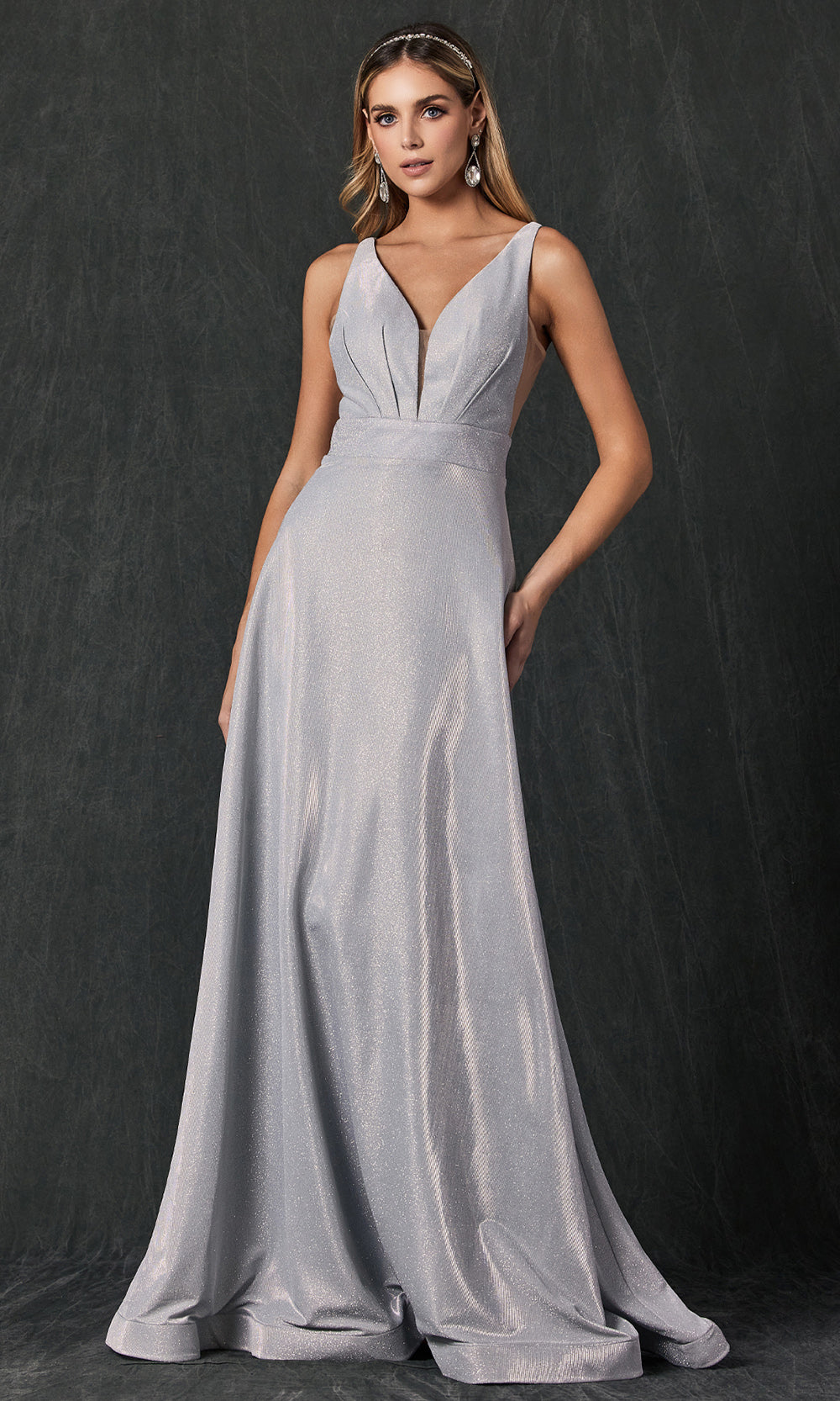 Juliet Dresses 208 - Glitter Crepe Plunging V-Neck Gown Formal Gowns