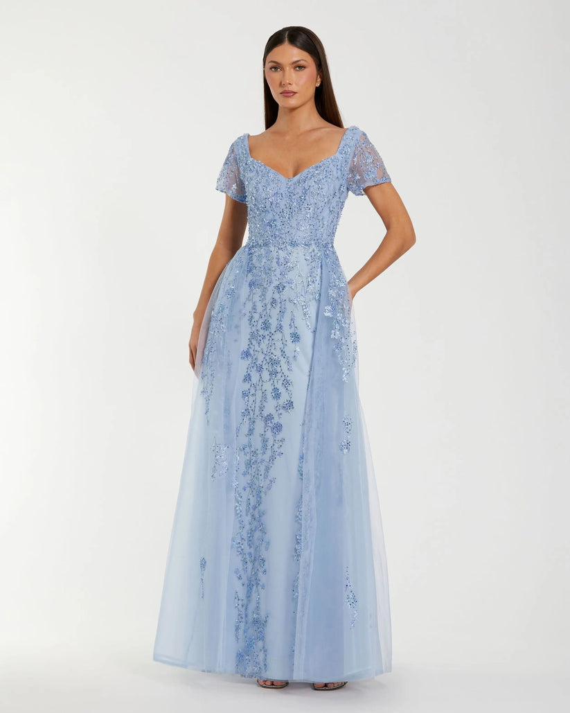 Mac Duggal 21035 - Sheer Sleeve A-Line Dress with Overskirt Formal Gowns in Blue