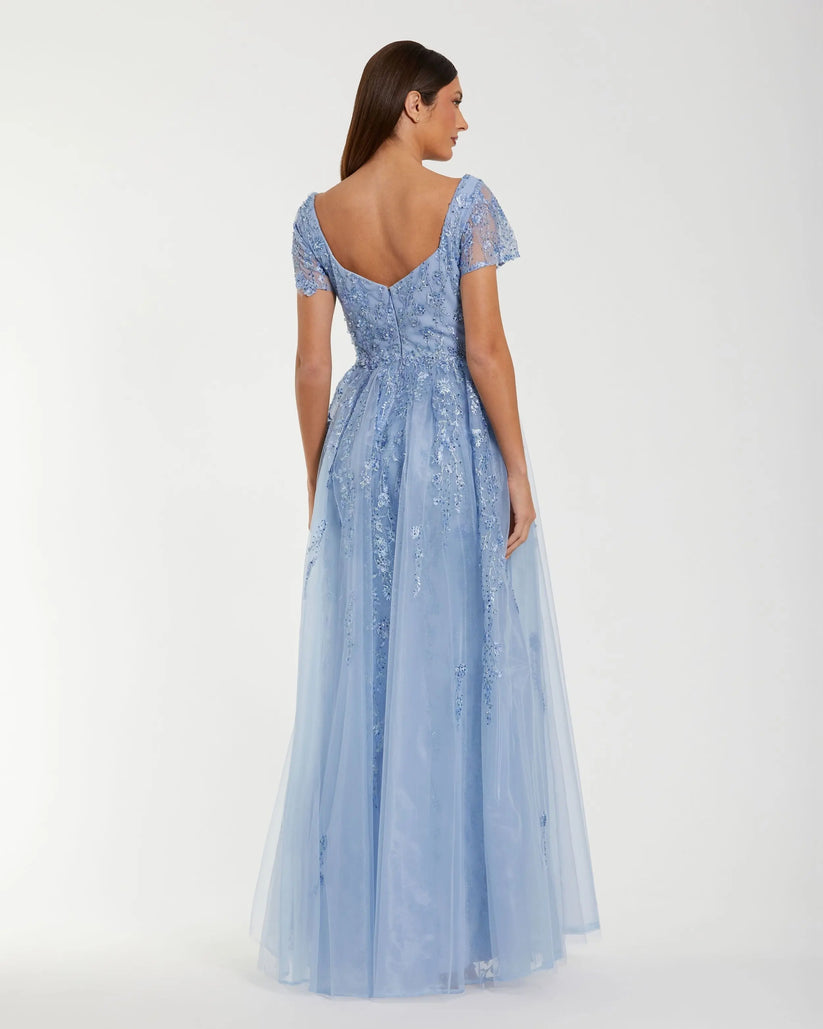 Mac Duggal 21035 - Sheer Sleeve A-Line Dress with Overskirt Formal Gowns in Blue