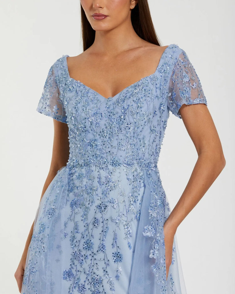 Mac Duggal 21035 - Sheer Sleeve A-Line Dress with Overskirt Formal Gowns in Blue