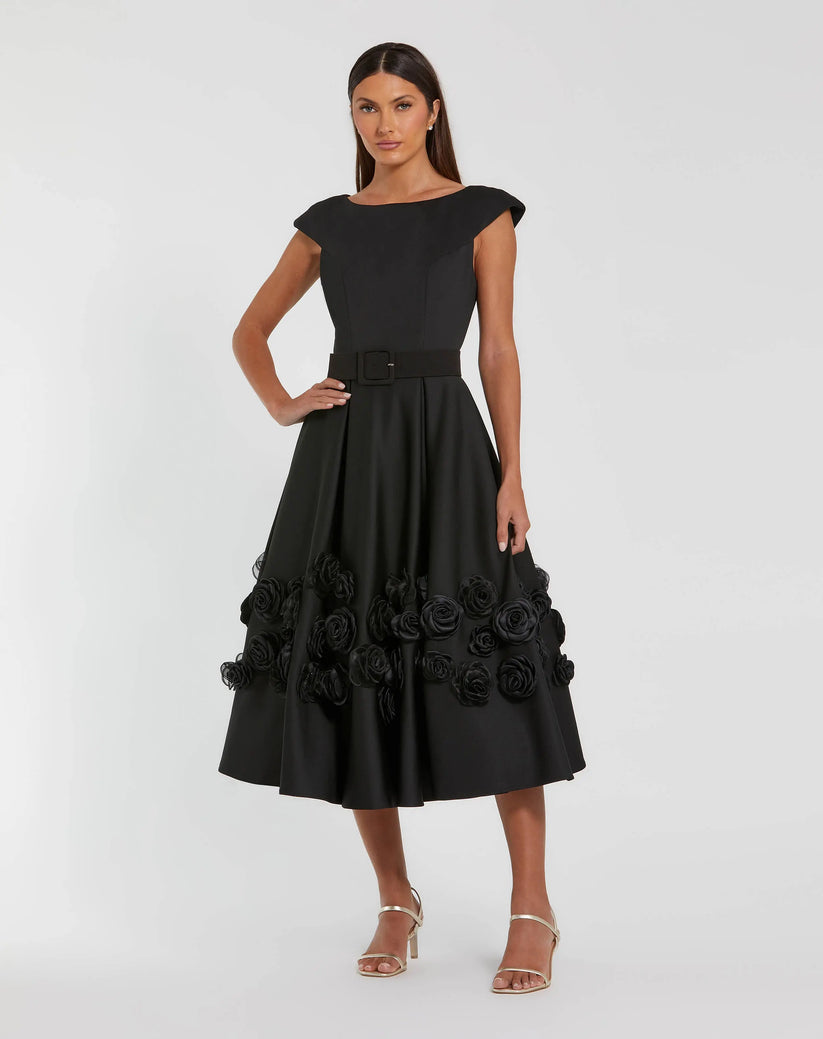 Mac Duggal 21039 - Cap Sleeve Belted Satin Midi Dress Cocktail Dresses in Black