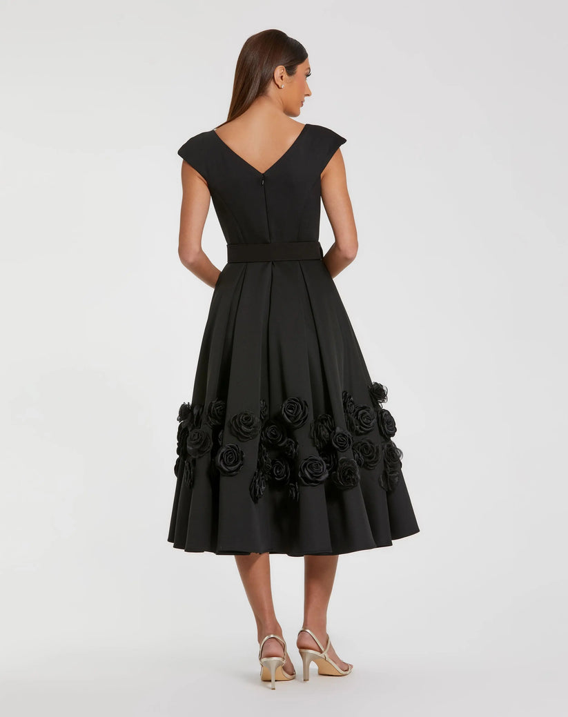 Mac Duggal 21039 - Cap Sleeve Belted Satin Midi Dress Cocktail Dresses in Black