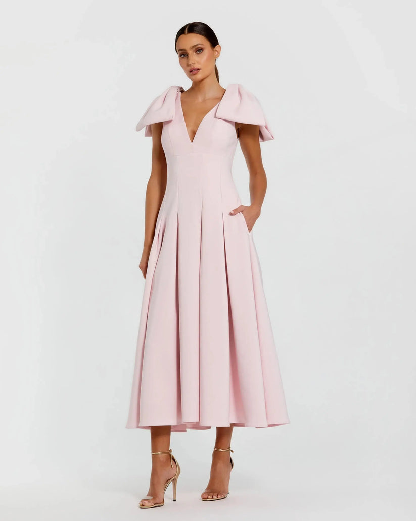 Ieena Duggal 21046 - V-Neck Crepe A-Line Midi Dress Holiday Dresses in Pink