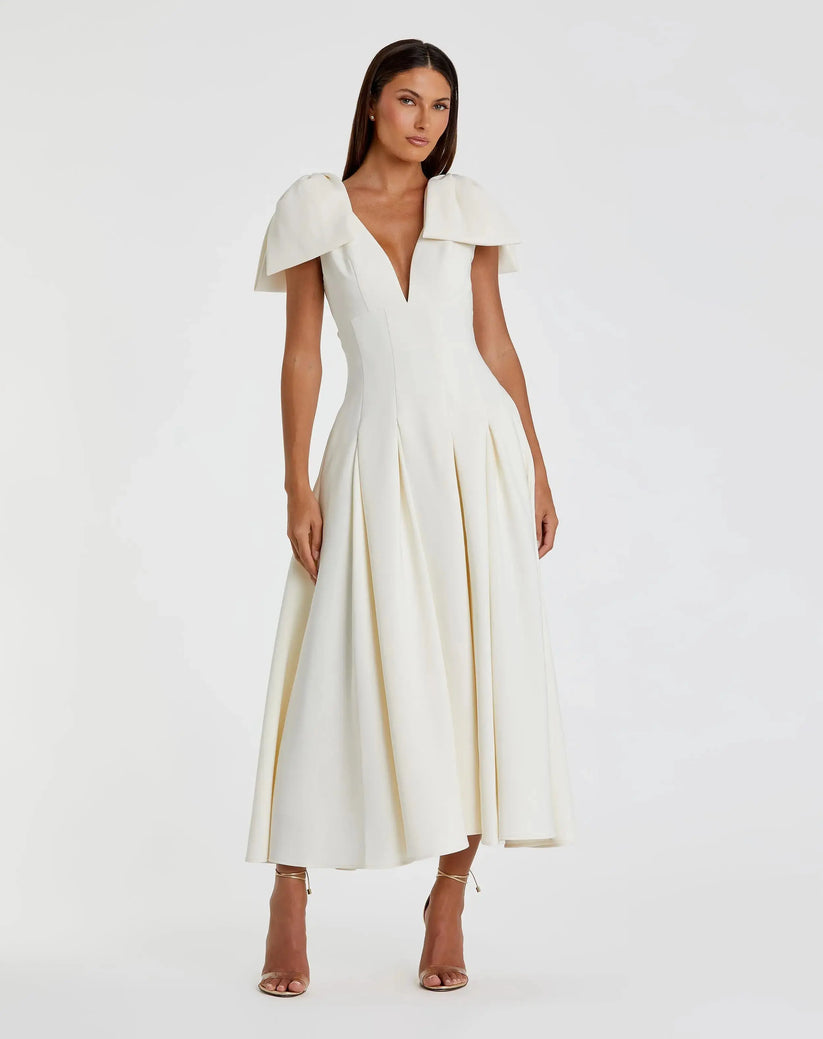Ieena Duggal 21046 - V-Neck Crepe A-Line Midi Dress Holiday Dresses in White