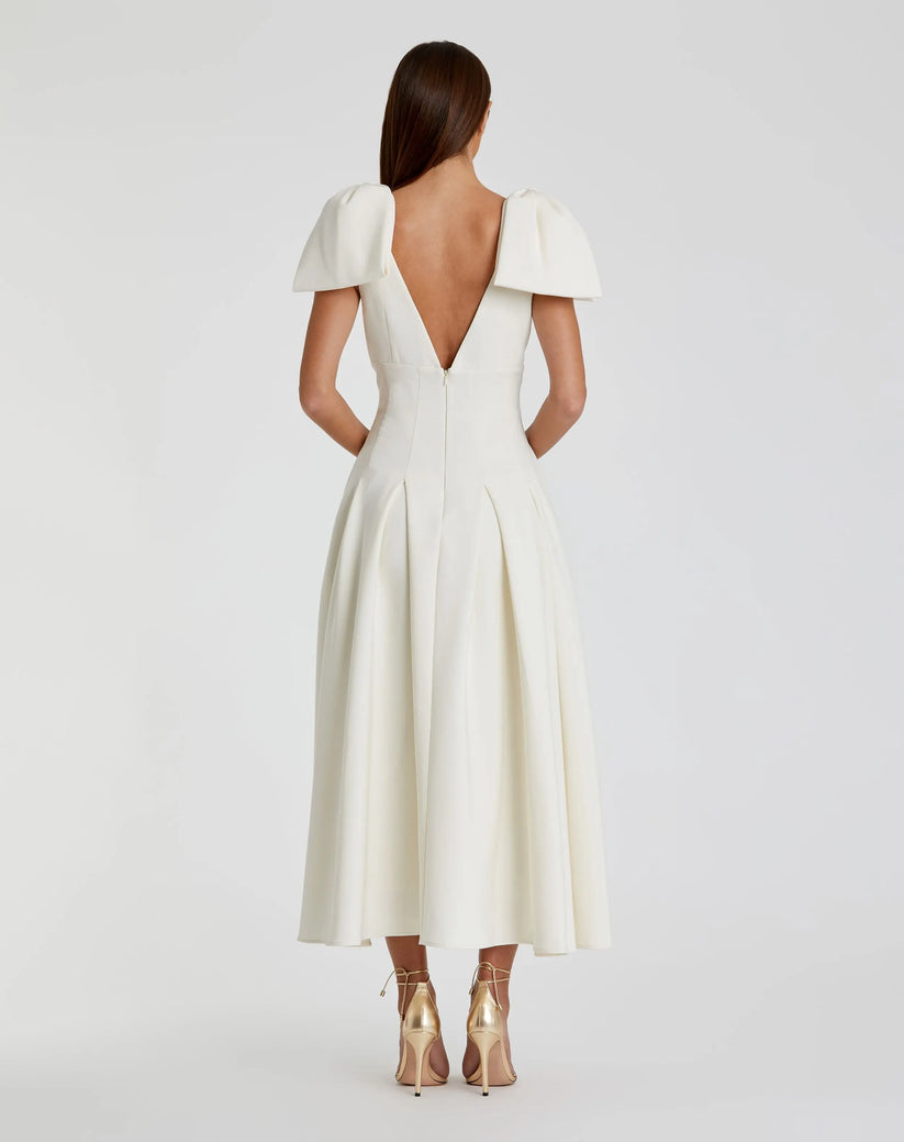 Ieena Duggal 21046 - V-Neck Crepe A-Line Midi Dress Holiday Dresses in White