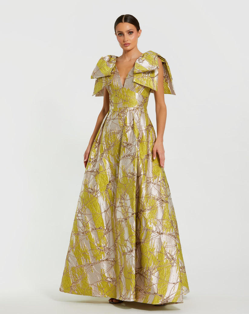 Ieena Duggal 21053 - Bow Shoulder Metallic A-line Evening Gown In Green