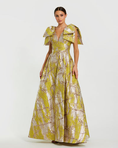 Ieena Duggal 21053 - Bow Shoulder Metallic A-line Evening Gown In Green