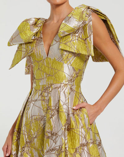 Ieena Duggal 21053 - Bow Shoulder Metallic A-line Evening Gown In Green