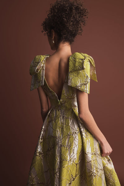 Ieena Duggal 21053 - Bow Shoulder Metallic A-line Evening Gown In Green