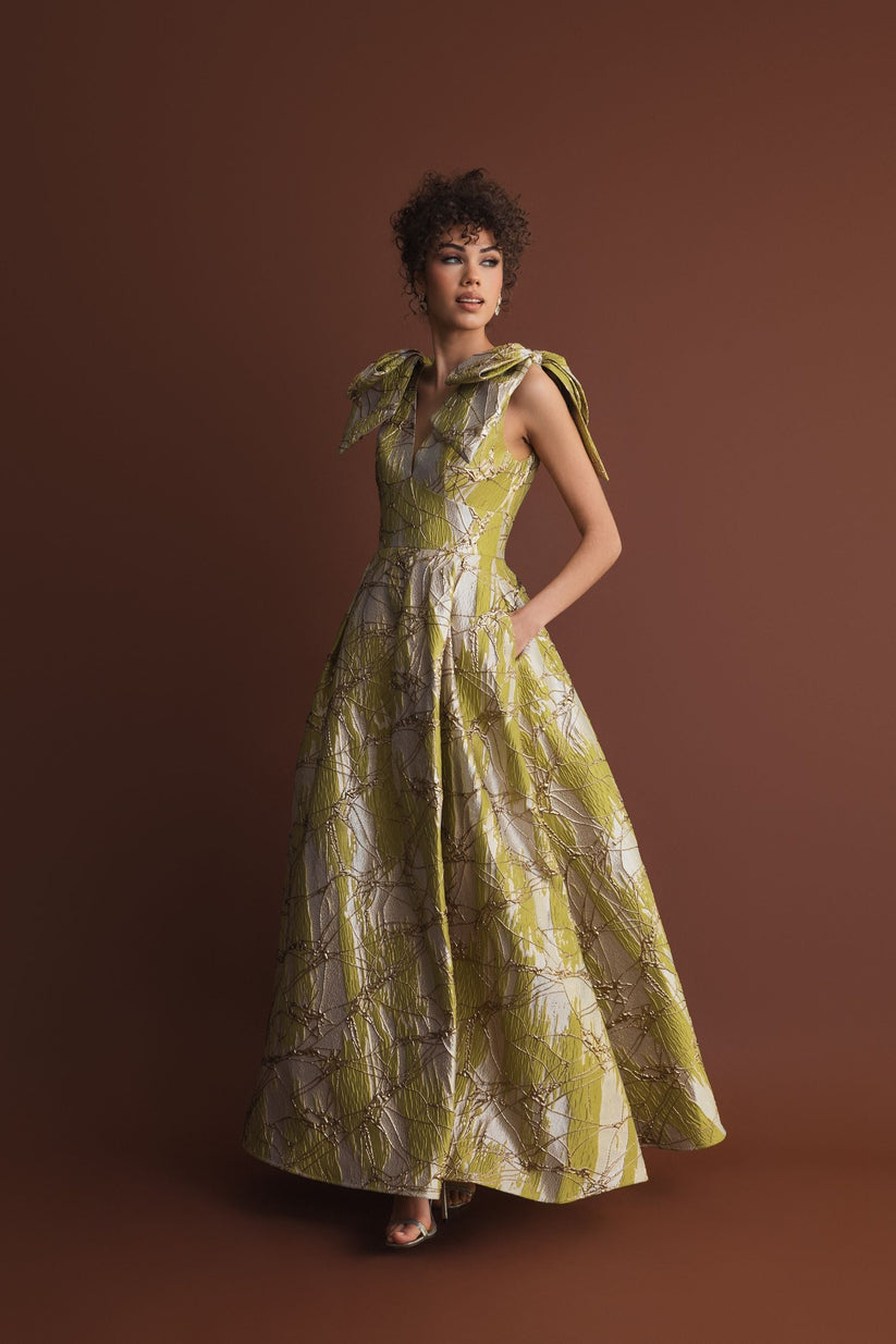Ieena Duggal 21053 - Bow Shoulder Metallic A-line Evening Gown In Green