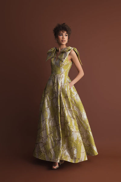 Ieena Duggal 21053 - Bow Shoulder Metallic A-line Evening Gown In Green
