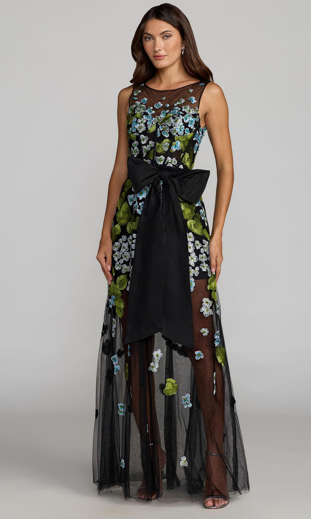 Mac Duggal 21058 - Jewel Neck Embroidered Gown With Front Bow Formal Gowns in Blue Multi