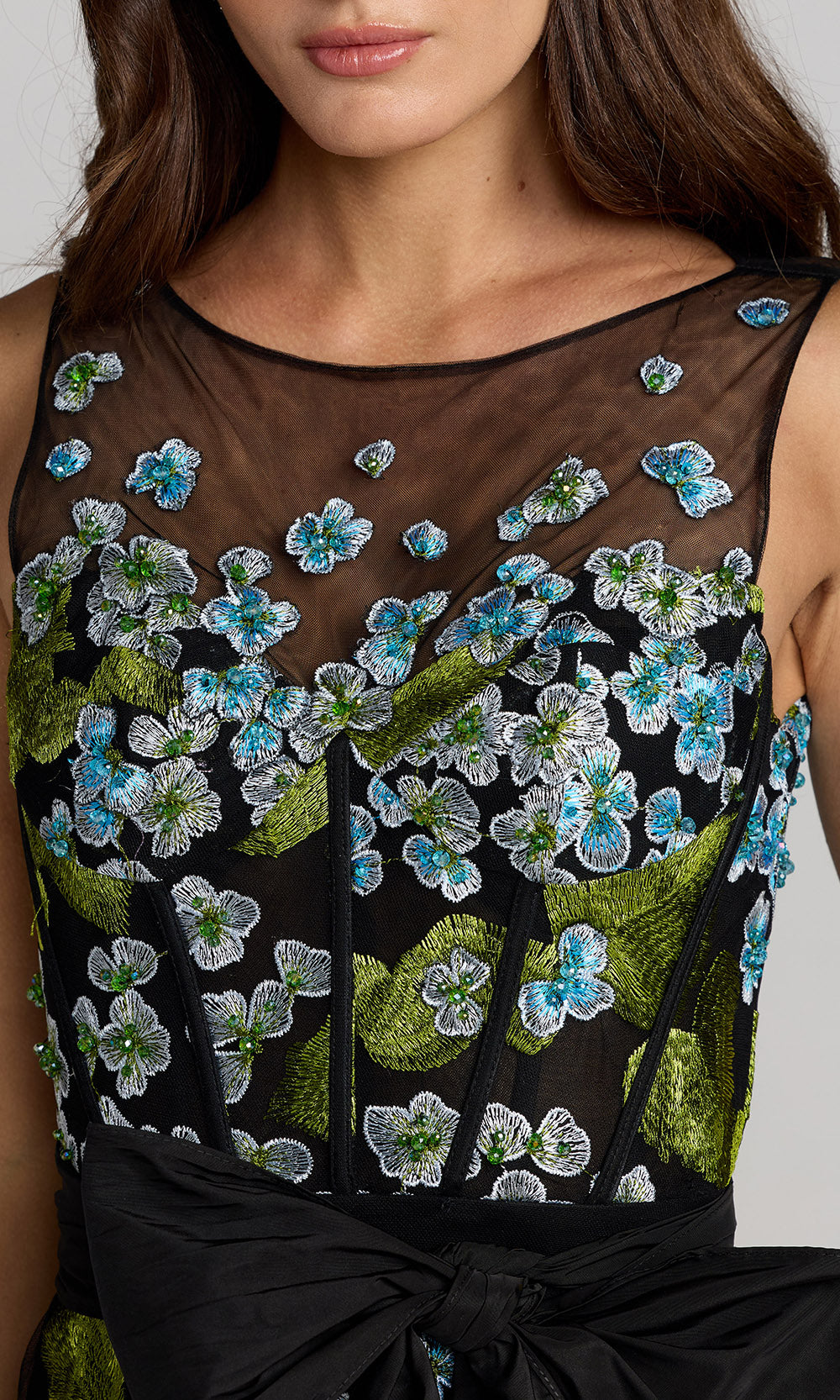 Mac Duggal 21058 - Jewel Neck Embroidered Gown With Front Bow Formal Gowns in Blue Multi