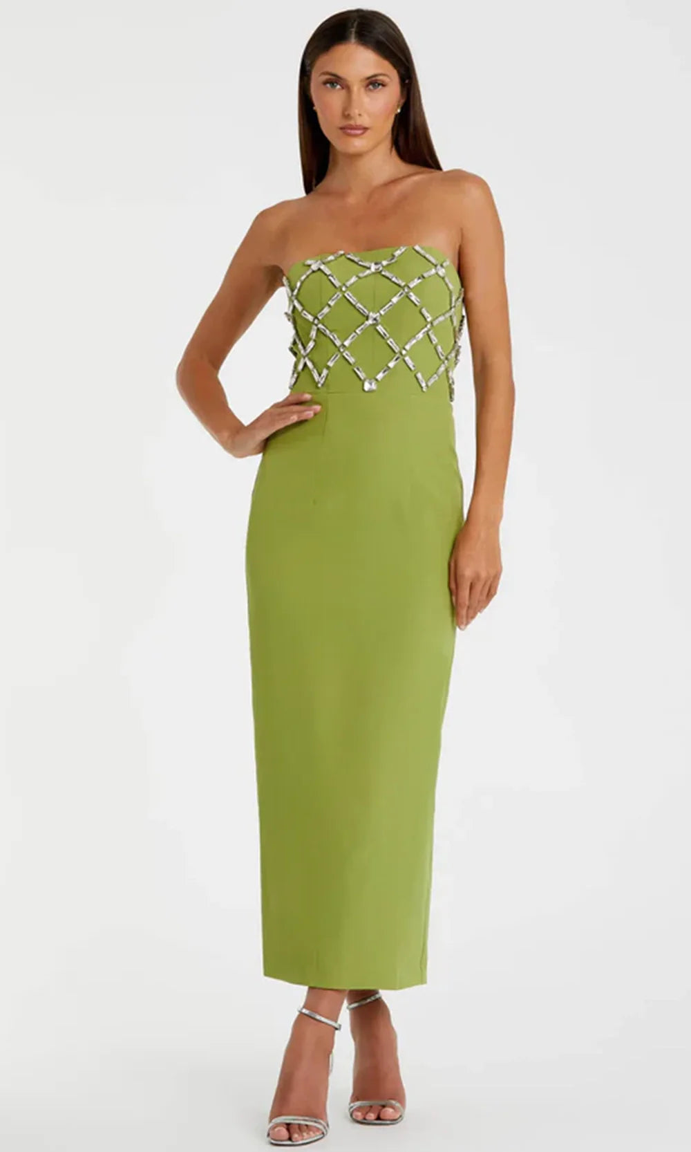 Ieena Duggal 21064 - Straight Neck Embellished Tea-Length Dress Prom Dresses in Apple Green 