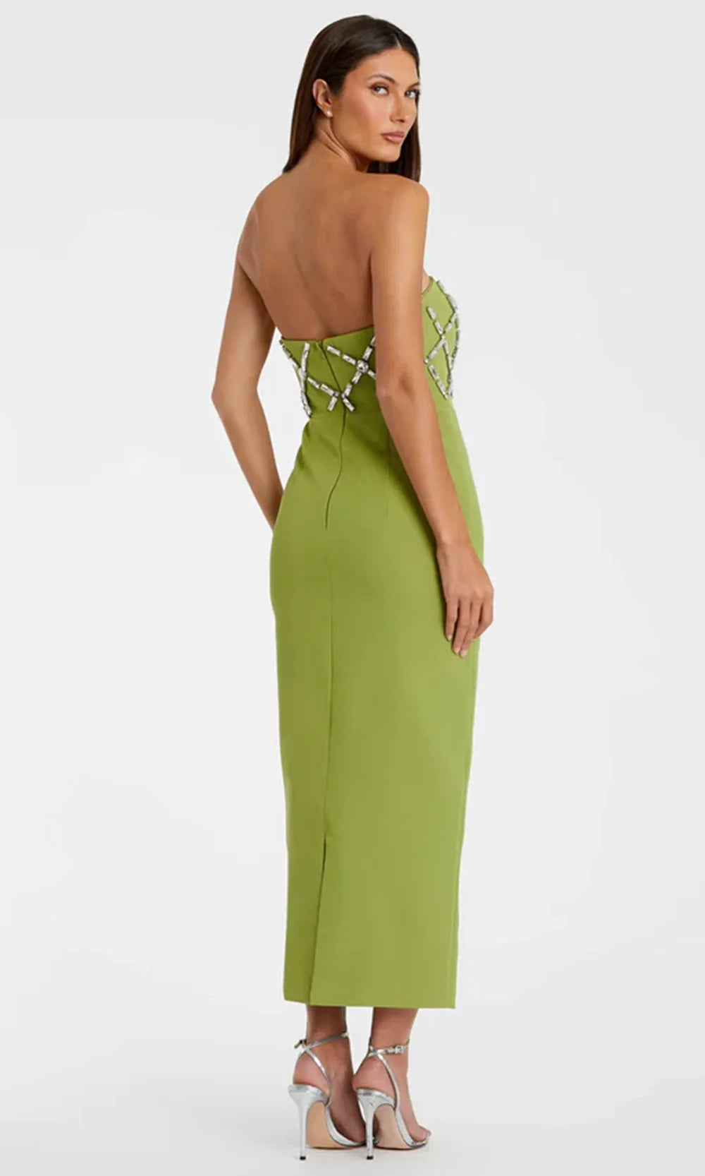 Ieena Duggal 21064 - Straight Neck Embellished Tea-Length Dress Prom Dresses in Apple Green 