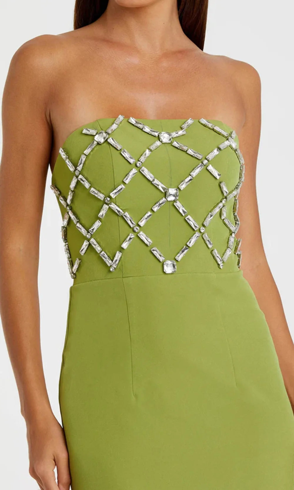 Ieena Duggal 21064 - Straight Neck Embellished Tea-Length Dress Prom Dresses in Apple Green 