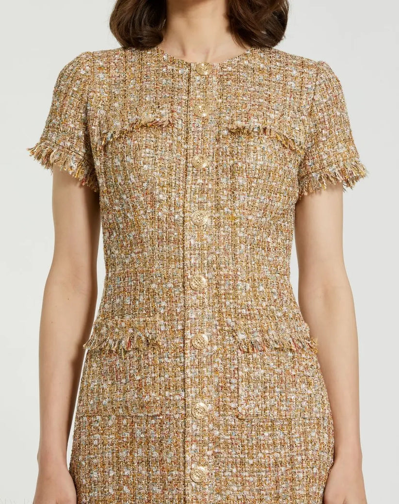 Mac Duggal 21072 - Button Front Boucle Mini Dress Cocktail Dresses in Brown and Multi