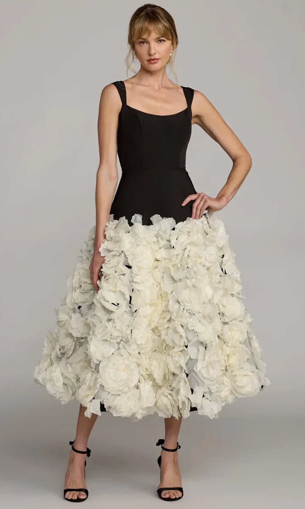 Mac Duggal 21080 - 3D Floral Skirt Scoop Neckline Dress Prom Dresses in Black Cream 