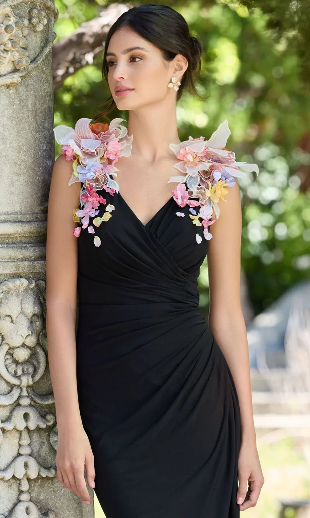 Mac Duggal 21084 - Floral Shoulder Sheath Fitted Gown Prom Dresses in Black and Multi