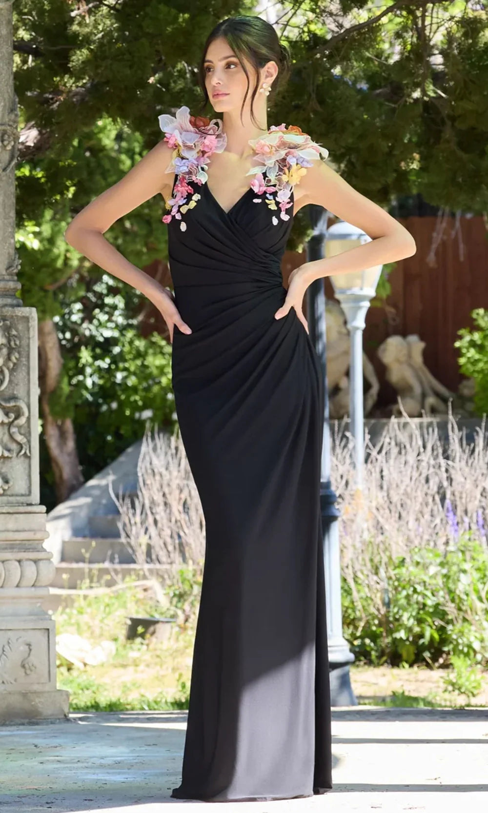 Mac Duggal 21084 - Floral Shoulder Sheath Fitted Gown Prom Dresses in Black and Multi