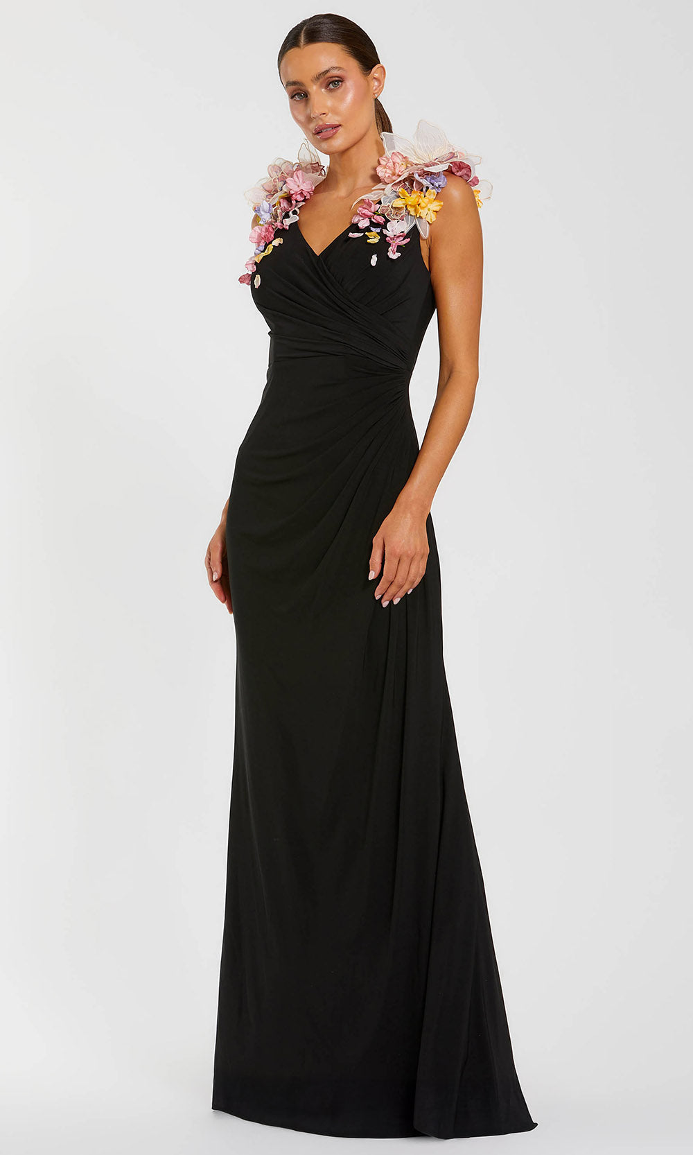Mac Duggal 21084 - Floral Shoulder Sheath Fitted Gown Prom Dresses in Black and Multi