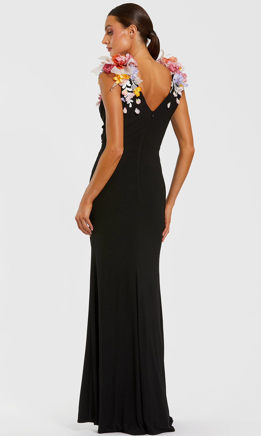 Mac Duggal 21084 - Floral Shoulder Sheath Fitted Gown Prom Dresses in Black and Multi