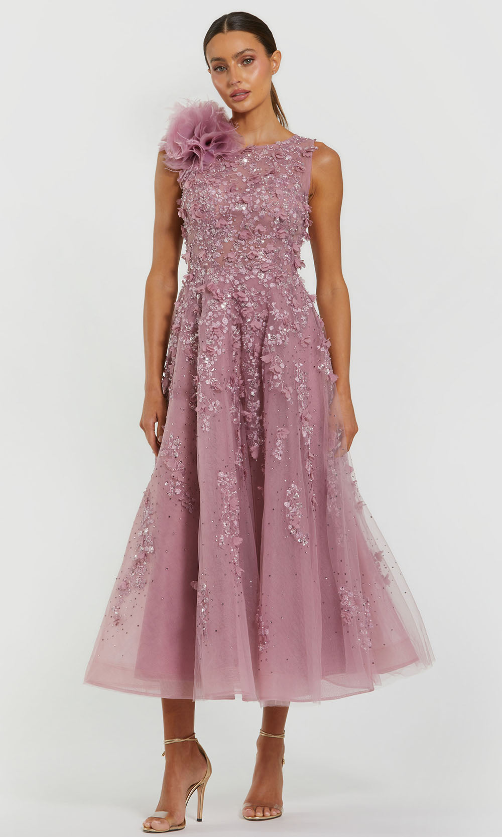 Mac Duggal 21091 - A-Line Tea-Length Dress With 3D Floral Accent Wedding Guest in Orchid