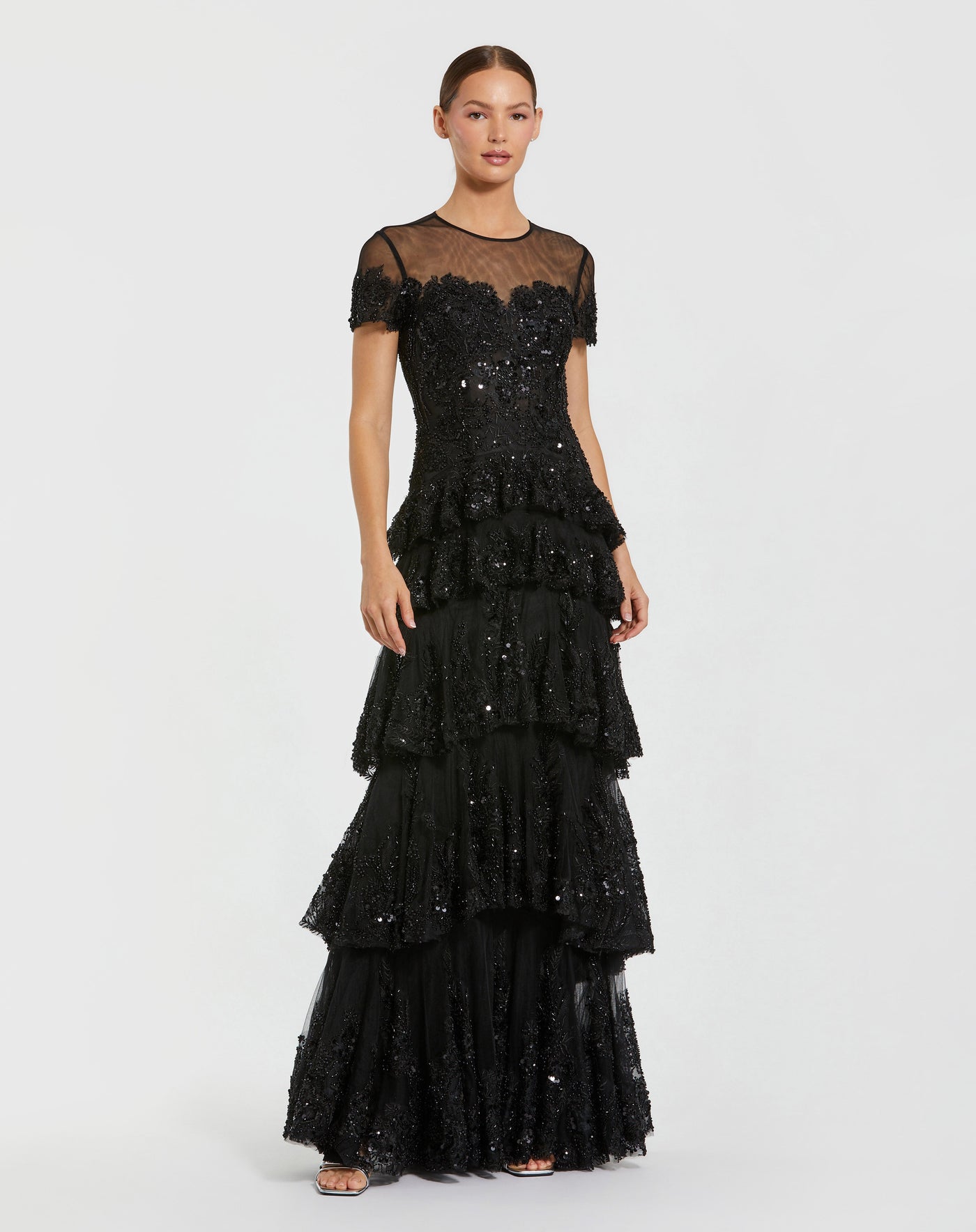 Mac Duggal 21097 - Illusion Neckline Tiered Ruffle Gown In Black